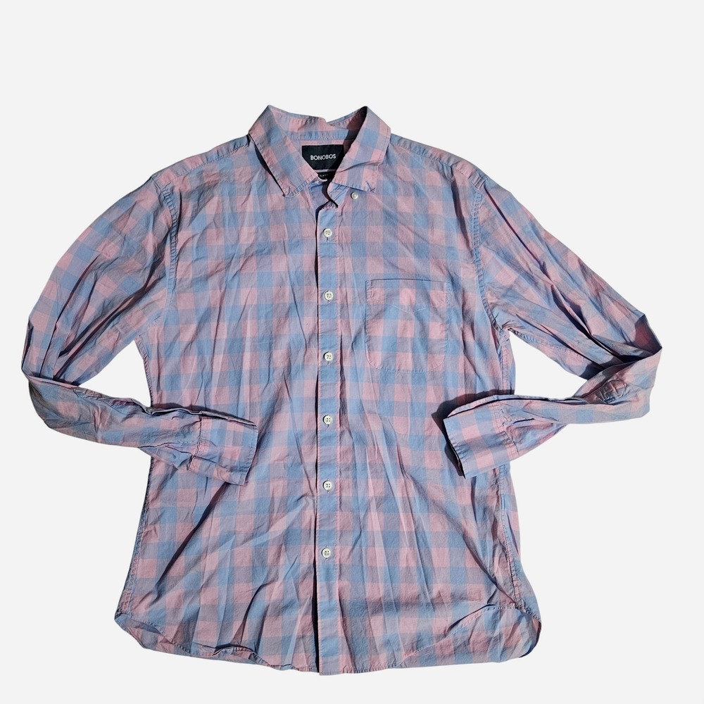 Bonobos Slim Fit Short Length Gingham Check Shirt Pink Blue Mens M Long Sleeve